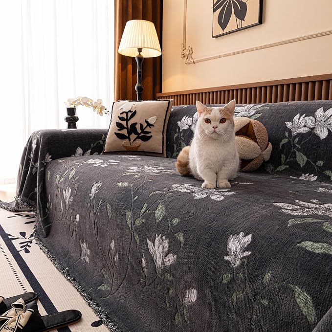 STACYPIK Vintage Floral Sofa Cover for Dogs, Thick Botanical Garden Jacquard Gray Couch Cover for 3 Cushion Couch Washable, Non Slip Pet Couch Protector Slipcover for Sectional Blanket-71X134IN - Image 3