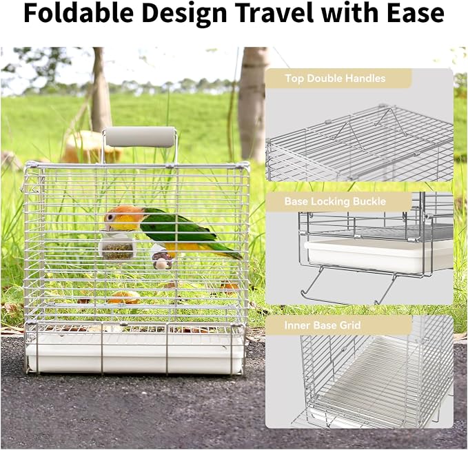 Bird Carrier Travel Cage - 304 Stainless Steel Portable Folding Bird Travel Cage with Parrot Feeder Cups & Standing Perch for Smaller Birds Conures Lovebird Cockatiel Parakeets (White) - Image 3