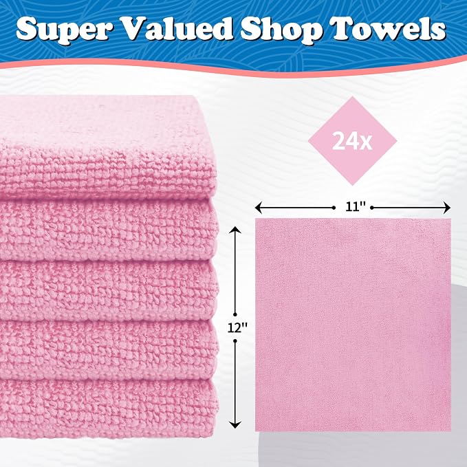 FIXSMITH Microfiber Cleaning Cloth, Shop Towels Bulk, 24 Pack Pink Microfiber Towels for Cars, All-Purpose Absorbent Cleaning Rags, Dust Cloth for Automotive, Mechanic, Garage, Bar, 12 x 11 inch - Image 2