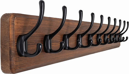 SKOLOO Farmhouse Style Wall Mounted Coat Rack, 38.6'' Pine Solid Wood Coat Hook Hanger - 10 Hooks for Hanging Clothes Robes Towels Coats by SKOLOO