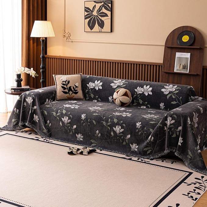 STACYPIK Vintage Floral Sofa Cover for Dogs, Thick Botanical Garden Jacquard Gray Couch Cover for 3 Cushion Couch Washable, Non Slip Pet Couch Protector Slipcover for Sectional Blanket-71X150IN - Image 2