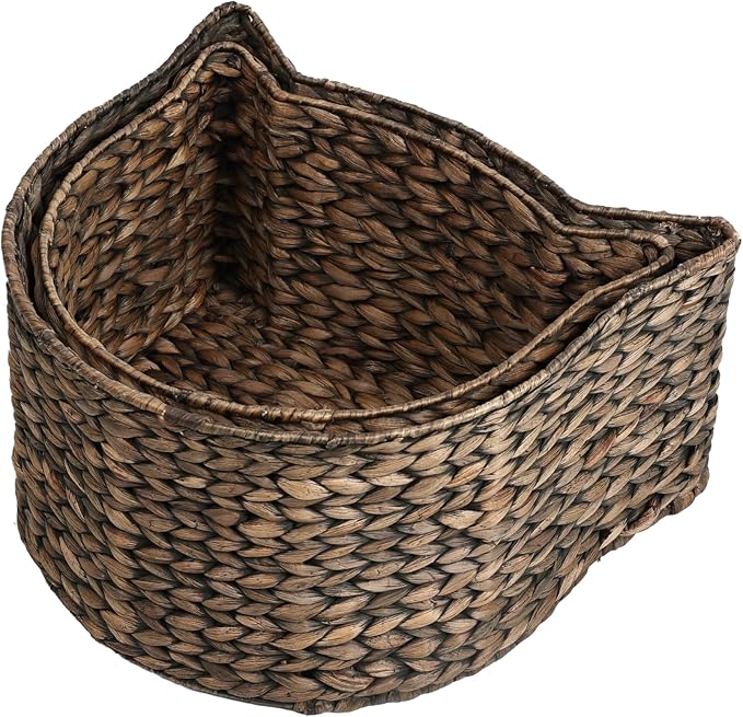 BSK4001B-2SET Feliz Cat-Shaped Hand Woven Water Hyacinth Nesting Pet Toy Organizer Baskets, Cay Storage Box for Living Room, Brown (Set of 2) - Image 6