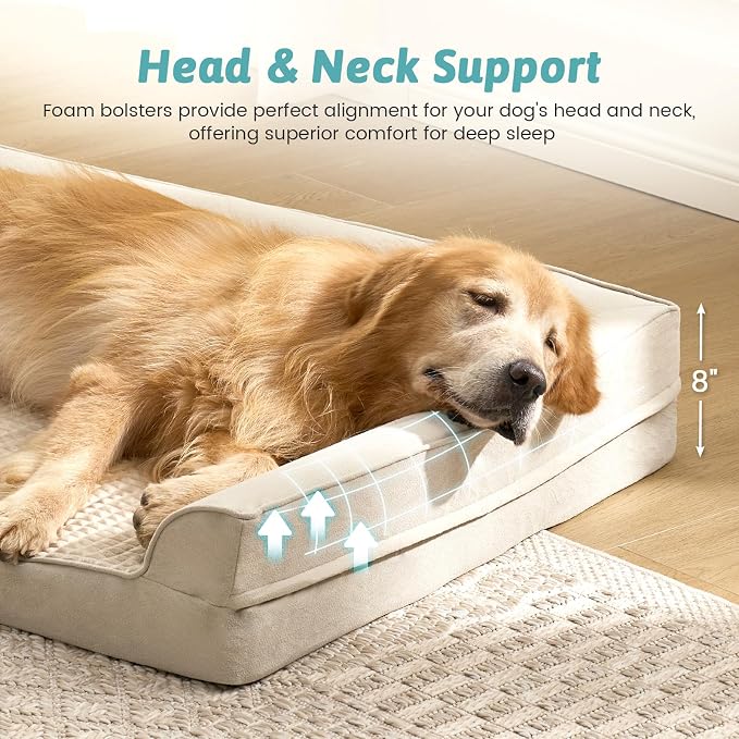 COZY KISS Dog Beds for Extra Large Dog, XXL Bolster Pet Couch with Waterproof Lining, Egg Crate Foam Sofa for Pets Up to 150 lbs, U-Shaped, 48x35x8 inch, Beige - Image 2