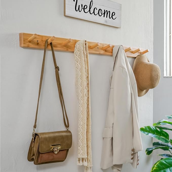 WEBI Coat Rack Wall Mounted,10 Hooks,38" Long Coat Hanger Wall Mount,Peg Rail Hat Hooks for Hanging Caps,Jacket,Clothes,Coats,Natural - Image 2
