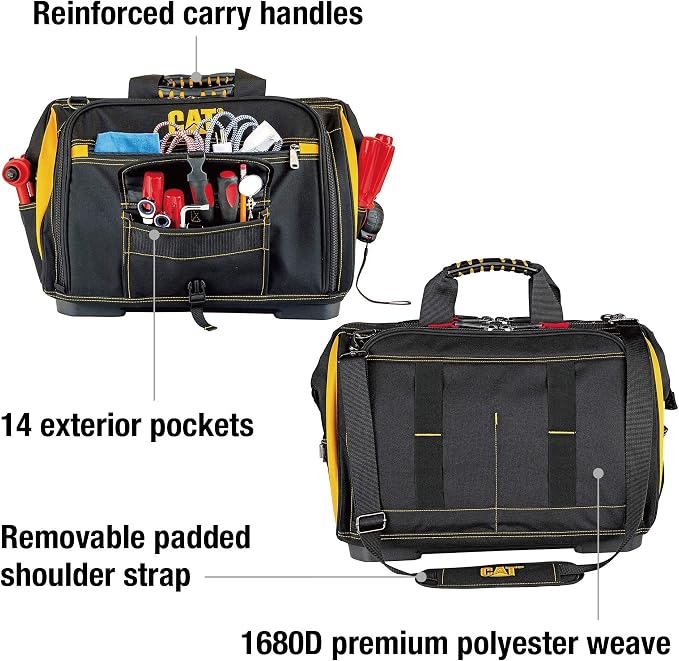 Cat 18-Inch Pro Tool Bag with 56 Pockets, Wide Mouth Opening, Molded Base, Hi-Vis Interior, and Shoulder Strap – Heavy-Duty 1680D Polyester Construction - 240051 - Image 2