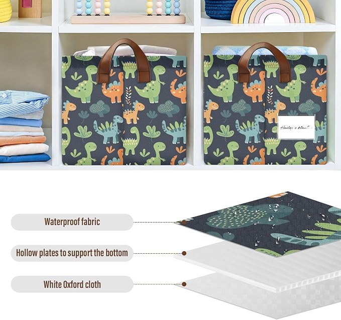 Sage Green Dinosaur Orange Black Baby Storage Basket with Labels&Handles Rectangular Waterproof Nursery Storage Bins Collapsible Shelf Organizer Baskets for Kids Books Cloth Gift Toys Laundry - Image 5