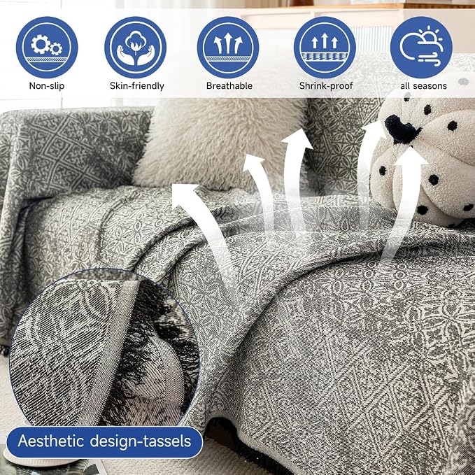 ROOMLIFE Couch Cover Black Boho Sofa Covers for 3 Cushion Couch Washable, Furniture Protector Sofa Couch Cover for Dogs, Soft Breathable Sofa Slipcover, Couch Throw Blankets with Tassels 71''X150'' - Image 3