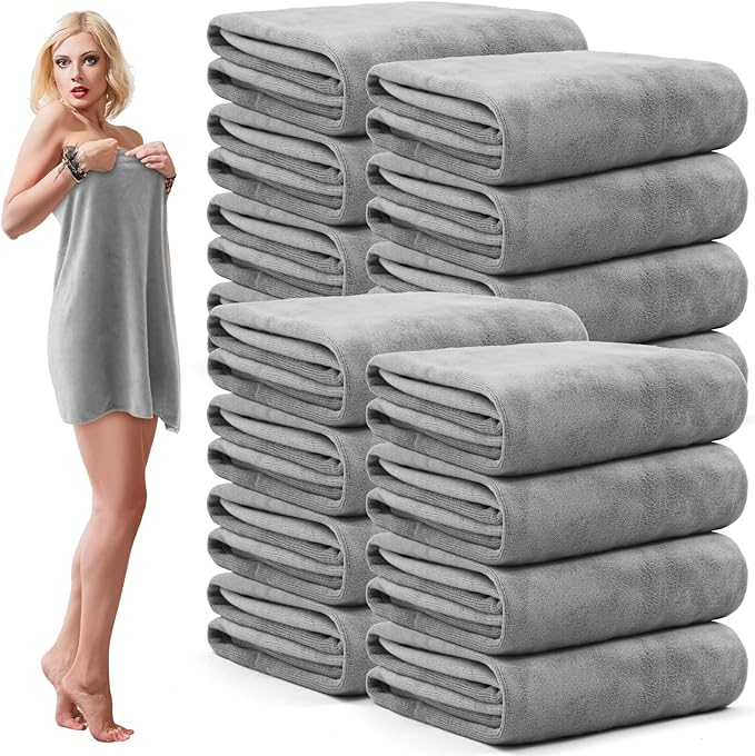 SmoothNovelty 16 Pack Microfiber Bath Towels Bulk 27'' x 60'' Oversized Beach Towel Highly Absorbent Extra Large Soft Drying for Shower Pool Salon Sauna Bathroom Gym Party (Simple,Light Grey) by SmoothNovelty