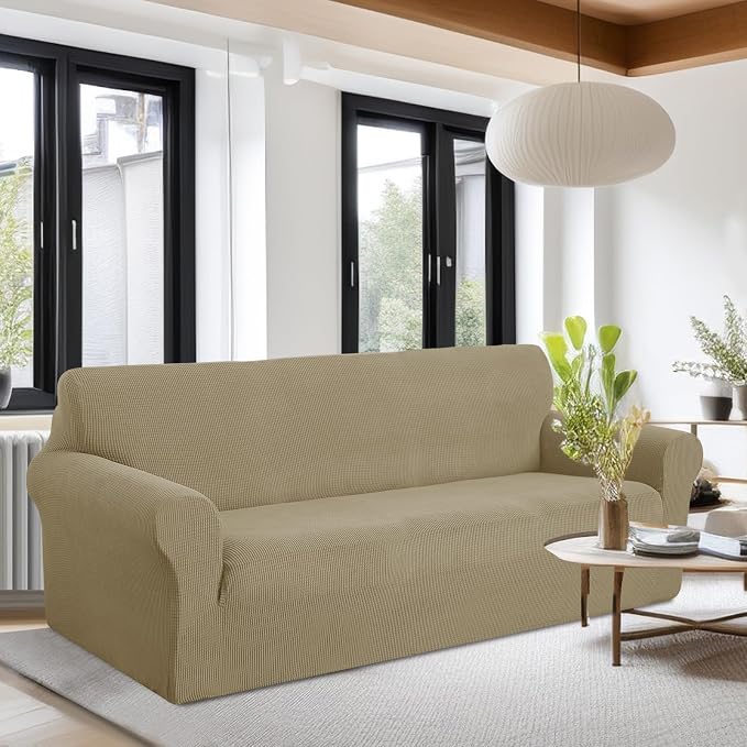 U-NICE HOME Oversized Stretch Couch Cover Slipcover, Sand | 3 Cushion Sofa, 1-Piece Sofa cover, Washable, Pet friendly, Furniture protector, Polyester Spandex Jacquard fabric - Image 2