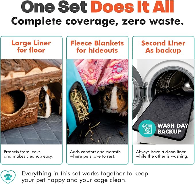 LUFTPETS Guinea Pig Cage Liners 5 Pcs, Washable Midwest Pads & Fleece Mats | 2 Absorbent Bunny Pee Pads, 47x24 + 3 Soft Blankets. Quilted Top Releases Hay. Waterproof, Non-Slip Rabbit Bedding - Image 9