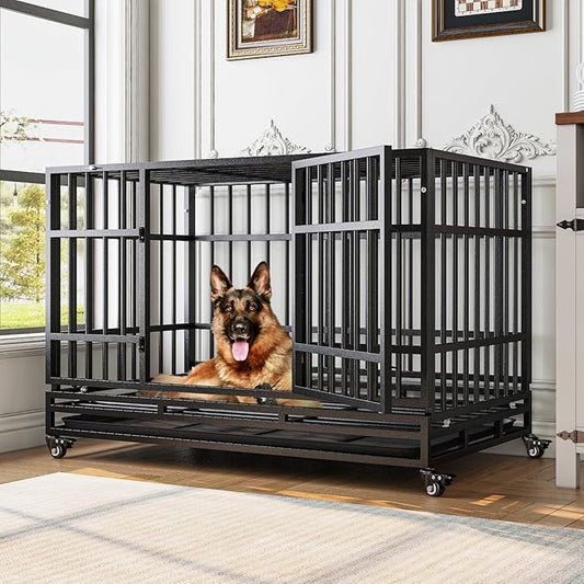 48 Inch Heavy Duty Dog Crates, Escape Proof Dog Cage Large Dogs with Wheels, Indestructible Steel Dog Cage with Upgraded Reinforced Baseplate for High Anxiety Dogs, Dog Kennel Indoor Outdoor