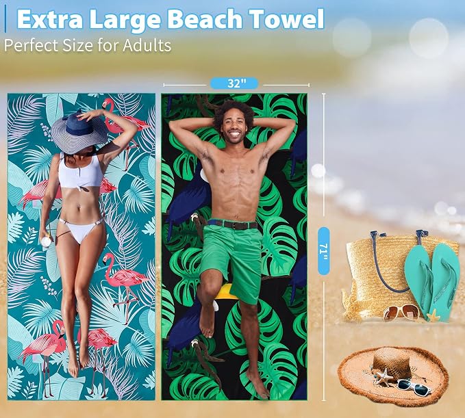 Microfiber Beach Towel Oversized 71x32 Flamingo with Bag 2 Pack | Thin Lightweight Sand Free Absorbent Quick Dry Compact Large for Adult Travel Camping Pool Swim Bath Cruise Essentials Gift - Image 3