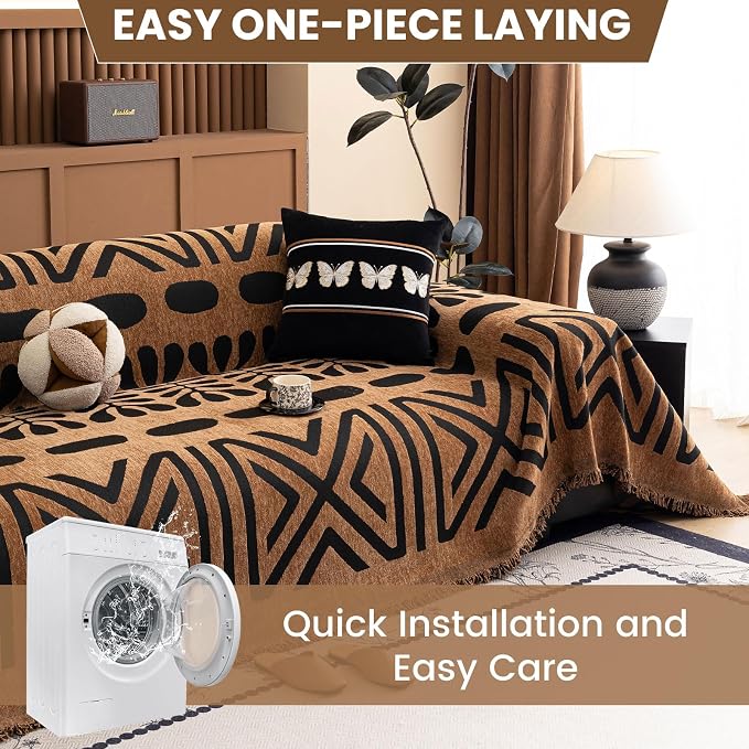 STACYPIK Boho Dark Khaki Couch Cover for Sofa Black Striped Sofa Cover for Pets Non Slip Dogs Furniture Protector for 3 Cushion Couch for Living Room Washable Multi-Use Sectional Couch Cover-71X150IN - Image 4