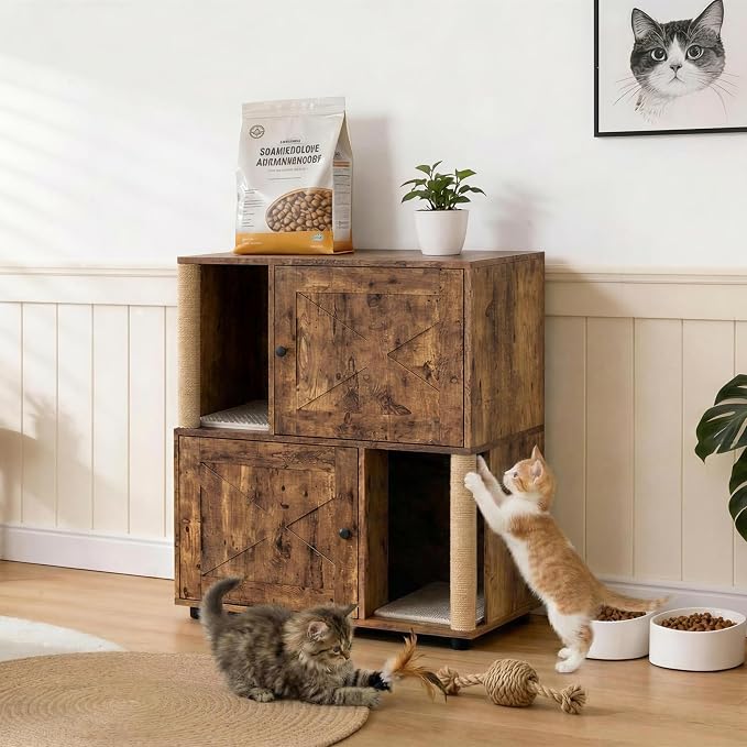 Garvee Double Layer Cat Litter Box Furniture, 2 in 1 Hidden Litter Box Furniture with Scratching Post and Litter Mats, Wooden Corner Cabinet Cat Washroom Bed - Image 7