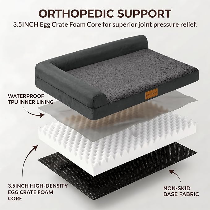 Patas Lague Orthopedic Large Dog Bed Pet Sofa Beds 42''X28''Dark Grey | L Bolster Egg-Crate Foam Dog Couch For Large Sized Dogs, Waterproof Removable Washable Cover, Pet Mat with Nonskid Bottom - Image 5