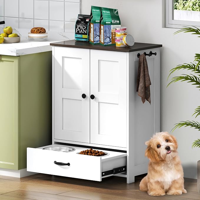 Pet Feeding Station, Dog Feeding Station, Dog Food Storage Cabinet, Pet Food Toy Organiser with 2 Elevated Bowls and Hook for Feeding and Drinking, White - Image 8