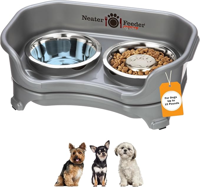 Neater Feeder Express Mess Proof Dog Bowls Elevated for Small Breed – Made in USA – No Spill Raised Slow Feeder Elevated Dog Bowl Stand, Stainless Steel Food and Water Bowl Set, Grey by NeaterPets