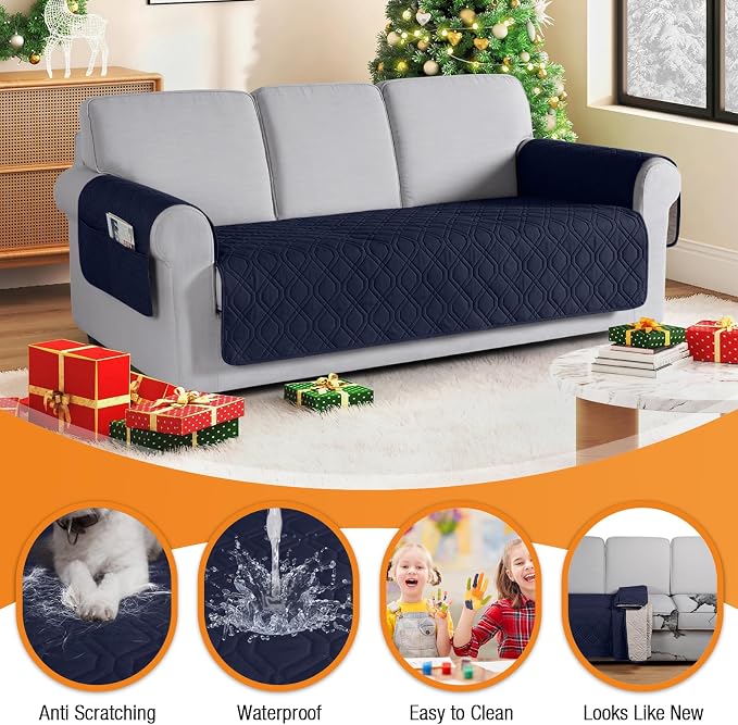 VANSOFY Waterproof Couch Cover for Pets, Dark Blue, 72.4" | Non-Slip, Washable, Utility Pockets, Pet Friendly, Furniture Protector Slipcover for 3 Cushion Plus Couch - Image 4