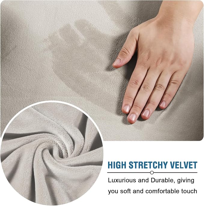 H.VERSAILTEX Modern Velvet Plush 4 Piece High Stretch Sofa Slipcover Sofa Cover Furniture Protector Form Fit Luxury Thick Velvet Sofa Cover for 3 Cushion Couch Width Up to 90 Inch (Sofa, Oatmeal) - Image 5