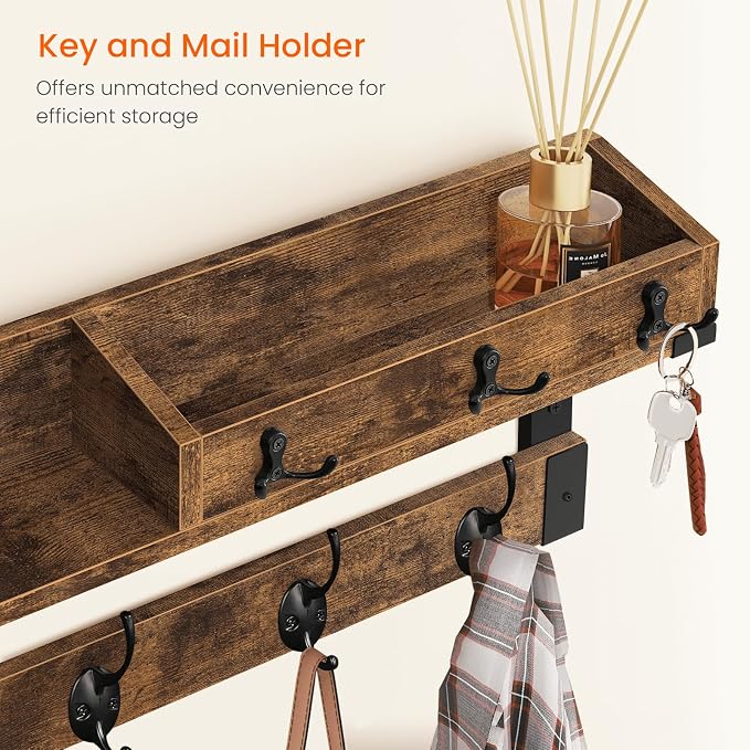 Homode Coat Rack with Shelf, Wall Shelf with Hooks, Rustic Brown Black | 26 Inch Long Coat Hanger Wall Mount with Key and Mail Holder, Wood Entryway Shelves for Hanging Hat Jacket Backpack Purse - Image 3