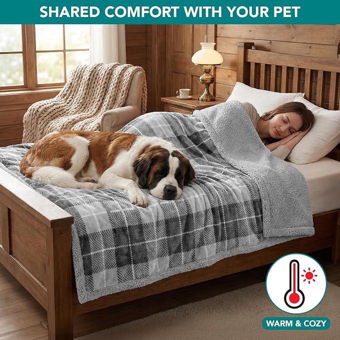 PetAmi Waterproof Dog Blanket for Couch, Large 60x40, Pee Proof Sherpa Fleece Reversible Pet Throw, Furniture Protector for Bed Sofa Kennel, Soft Washable Cover for Medium Dogs Cats, Plaid Light Grey - Image 4