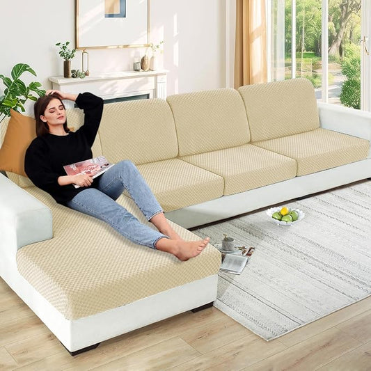 【Clearance】 Stretch Individual Cushion Covers Sofa Seat Cushion Slipcovers Soft Couch Cover Replacement Large Checkered Furniture Protector with Elastic Bottom (3 Pc Cushion Cover, Light Beige) by YEMYHOM