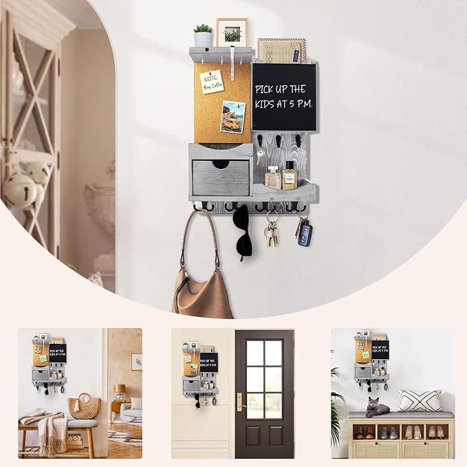 Key Holder Wall Mount， Mail Organizer Key Holder for Wall with Shelf, Drawer, Chalkboard, Corkboard, Home Decor Wall Mounted for Room Entryway(Grey) - Image 9