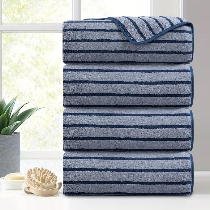 Mistyrose Bath Towels,4 Pack Navy Stripe 35"x70" Large Bath Towels Microfiber Absorbent XL Bath Sheets Super Soft Towels for Bathroom Quick Dry Oversized Shower Towels for Family Hotel Spa Gym by Mistyrose