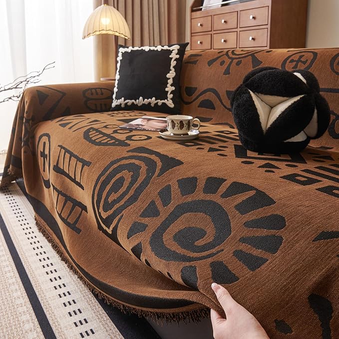 DREAMINGO Brown Japandi Couch Cover Boho Tribal Jacquard Sofa Covers for 3 Cushion Couch Thick Soft Chenille Living Room Furniture Futon Sectional Sofa Slipcovers Washable, XX-Large 71"x150" - Image 7