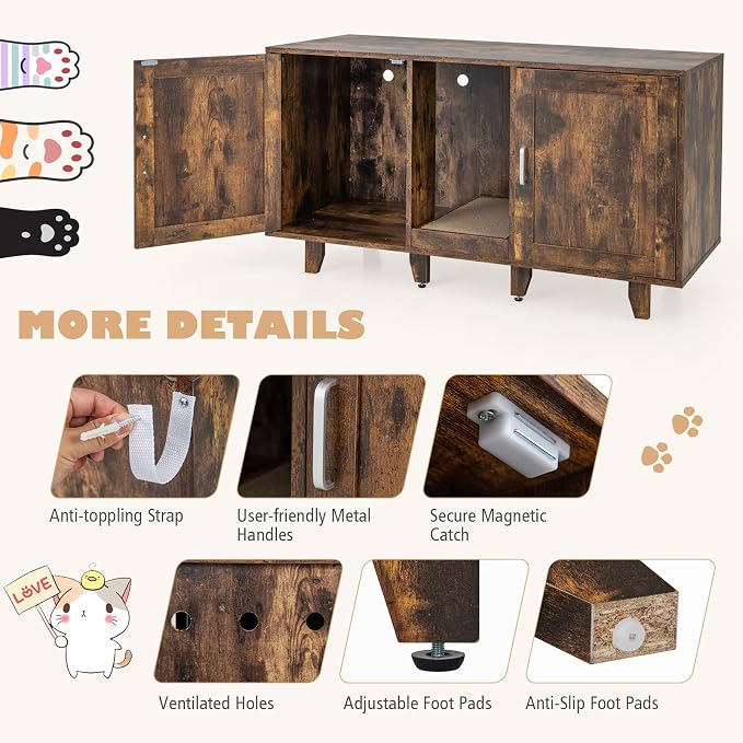 Tangkula Patented Double Cat Litter Box Enclosure for 2 Cats, Large Stackable Hidden Privacy Cat Washroom Cabinet with Scratching Board, Indoor Cat House TV Stand, Litter Box Furniture (Rustic Brown) - Image 5