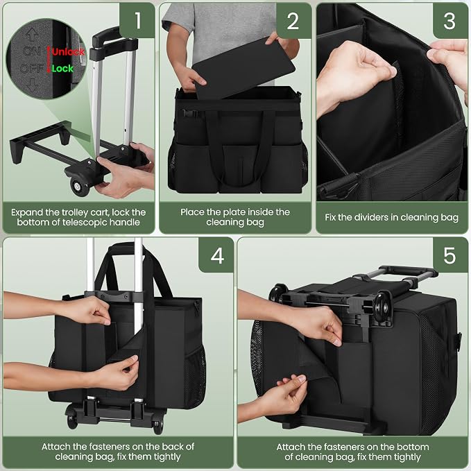 Large Rolling Cleaning Caddy with Detachable Trolley for Housekeeper | Large Capacity Cleaning Supply Organizer Bag with Wheels, Multiple Pockets, Water-resistant - Image 6