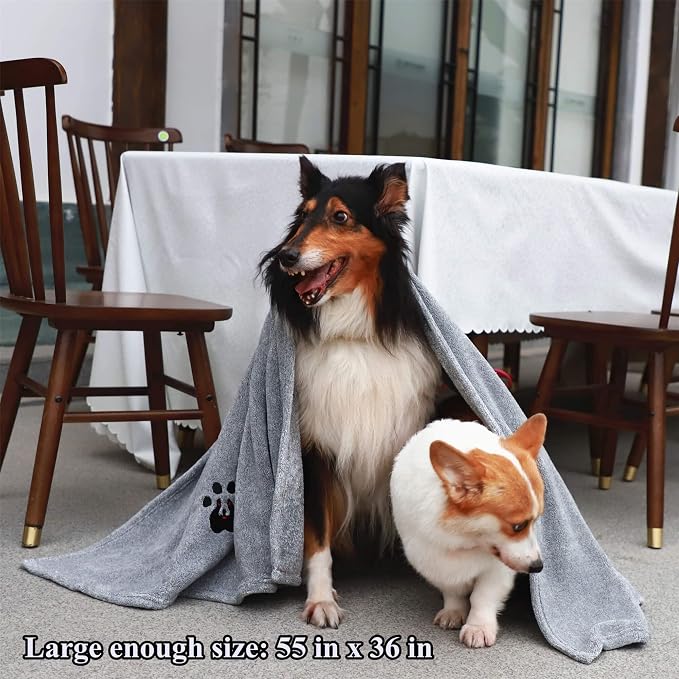 Dogvingpk Extra Large Dog Towel 2 Pack, Super Absorbent Soft Quick Drying Microfiber Pet Bath Towels for Large & Medium Dogs (XL-55" * 36", Green and Grey) - Image 6