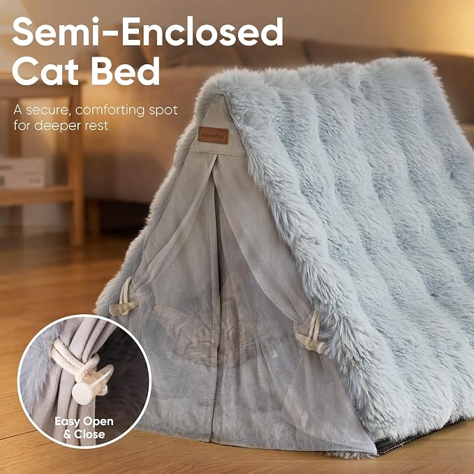 FUKUMARU Cat Cave Bed, Sturdy Frame Washable Cat Tent Bed with Curtain | Semi-Enclosed Cat Hideaway for Anxious Cats, Large Cozy Cat House for Indoor Cats, Soft Plush Covered Dog Bed, Grey - Image 2