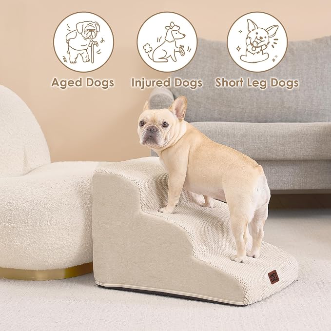 EHEYCIGA Curved Dog Stairs Ramp for Small Dogs 15.7" H, 3-Step Dog Steps for Couch Sofa and Chair, Pet Stairs for Cats, Non-Slip Balanced Pet Steps Indoor, Beige - Image 4
