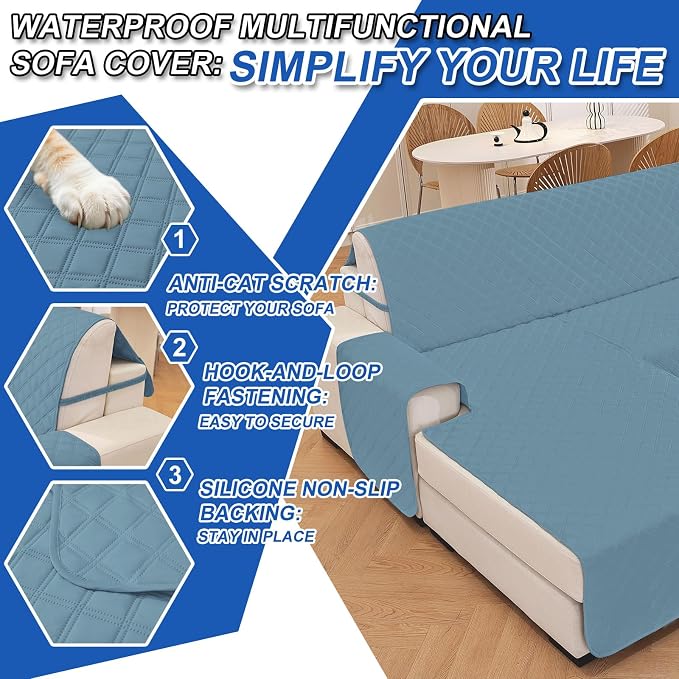 Waterproof Sectional Couch Covers for Dogs, Reversible L Shaped Couch Cover, Chaise Lounge Cover for Sectional Sofa, Sofa Covers Washable Sectional for Pets Dog Cat (Small, Aqua Blue) - Image 6