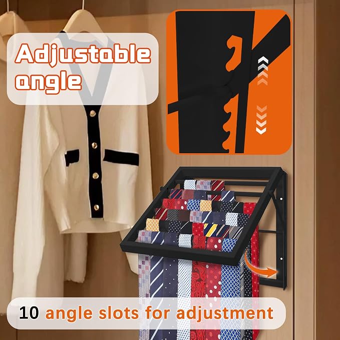 Tie Rack Wall Mounted, Adjustable Angle Tie Organizer for 60 Ties & Scarves | Holds up to 60 Ties, 10 Angle Slots, Wall-Mounted Easy Installation, Long-Lasting Design - Image 4