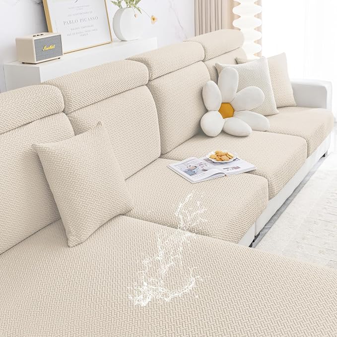 Smiry Waterproof Couch Cushion Covers, Non Slip Seat Cushion Covers | Stretch Jacquard Sectional Sofa Slipcover, Washable Elastic Furniture Protector for Pets, Kid, 2 Pieces, Apricot by Smiry