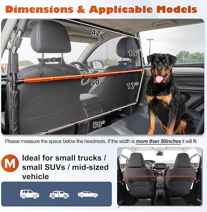 Dog Barrier for Car 50" Wide SUV Divider for Seats & Cargo Area | Durable Escape-proof See-Through Net Mesh Pet Car Barrier Foldable Gate Divider for Trucks, Large SUV & Mid-Sized Vehicles - Image 3