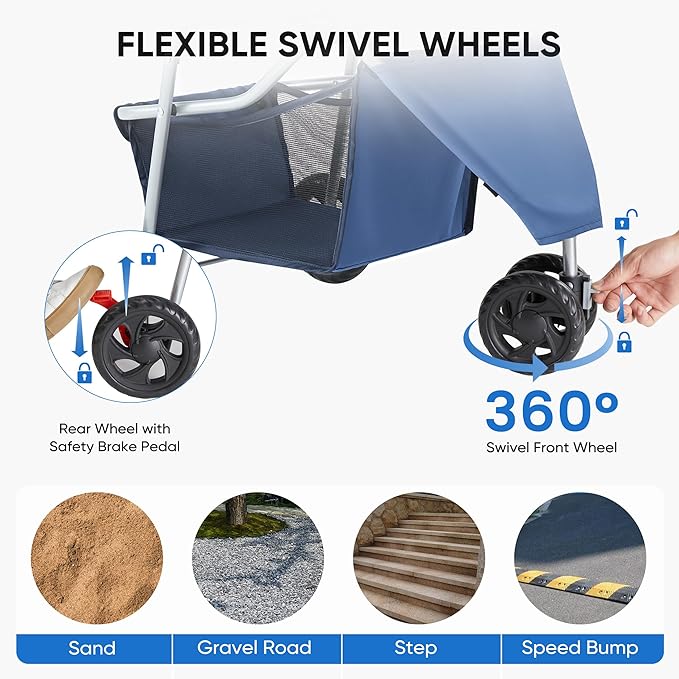 NEWBULIG 3 Wheel Pet Stroller for Dogs and Cats, Foldable, Lightweight and Durable, Ideal for Small to Medium Pets, Includes Storage Basket and Cup Holders