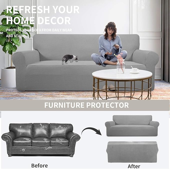 Easy-Going Stretch Oversized Loveseat Couch Covers Washable Light Gray | 1-Piece Large Loveseat Cover for 2 Cushion Couch Furniture Protector RV Sofa Slipcover Soft with Bottom for Kids Pets - Image 4