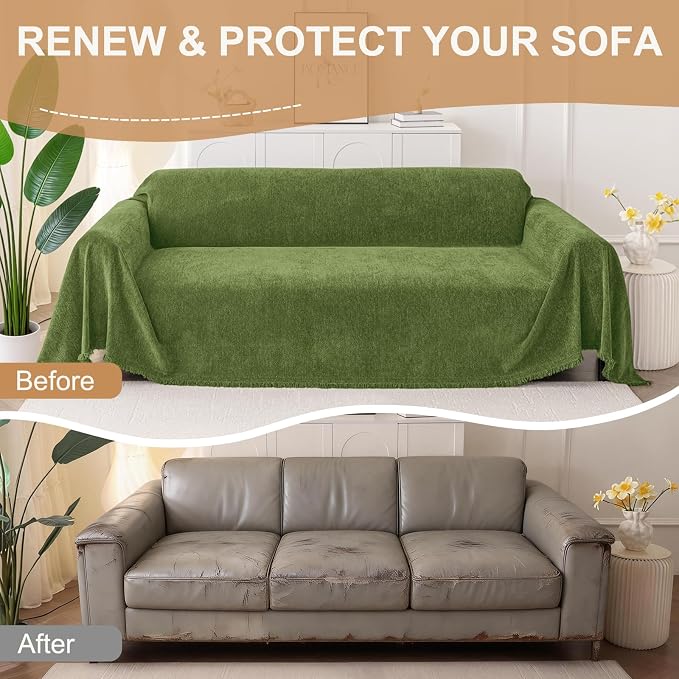 Smiry Couch Cover for Dogs, Chenille Sofa Covers for 3 Cushion Couch | Washable Soft Sofa Slipcover for Pets, Thick Sectional Furniture Protector with Tassels (Green, 71x134 Inch) - Image 8