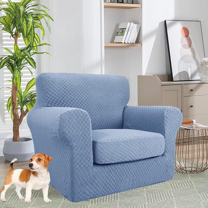 YEMYHOM Latest Checkered 2 Pieces Chair Covers for Living Room High Stretch Thickened Chair Slipcovers with Arms Anti Slip Elastic Armchair Sofa Couch Protector (Light Blue), 31"-46"(1 Cushion) - Image 2