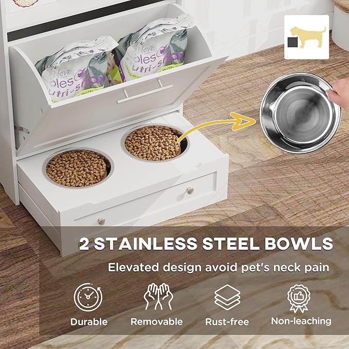 PawHut Dog Feeding Station with Raised Bowls, Pet Feeder Station, White | Dog Food Storage Cabinet, Hanger for Feeding & Watering Supplies - Image 3