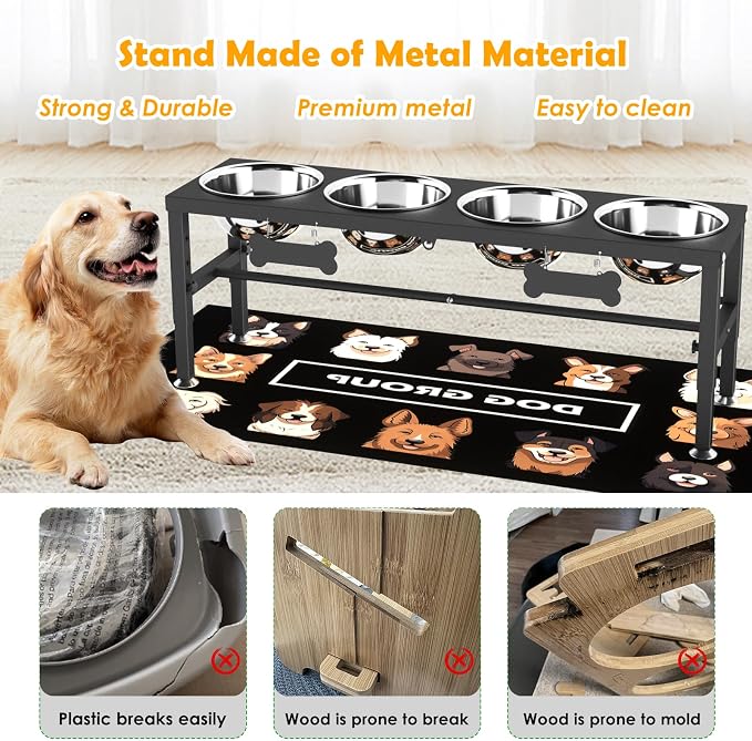 4-Bowl Elevated Dog Bowl Stand – 4 Adjustable Heights with 58oz/1700ml Stainless Steel Bowls & Splash Pad for Medium & Large Breeds, Multi-Pet Households - Image 6