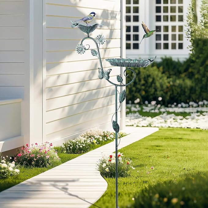 MUMTOP Bird Bath and Feeder for Outdoors, 53in Height Metal Birdbath Green | Antique Garden Bird Feeder and Bath with Stable Metal Stake for Outside Yard Lawn Decor, Metal Garden Bird Water Station - Image 3