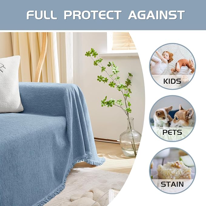 MEETSKY Sofa Slipcover Sofa Covers for 3 Cushion Couch Cover for L Shaped Sectional Sofa Covers Couch Protector Thick Chenille Fabric Washable, Modern Sofa Towel for Living Room, 91" x 134", Blue - Image 2