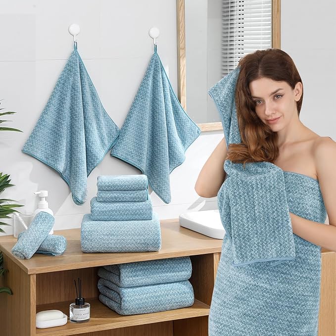 18 Piece Bath Towels Set,100% Microfiber Family Bathroom Towel with Hanging Loops-6 Bath Towels,6 Hand Towels,6 Washcloths,Quick Dry Highly Absorbent Shower Towel for Bathroom,Hotel,Spa-Turquoise - Image 4