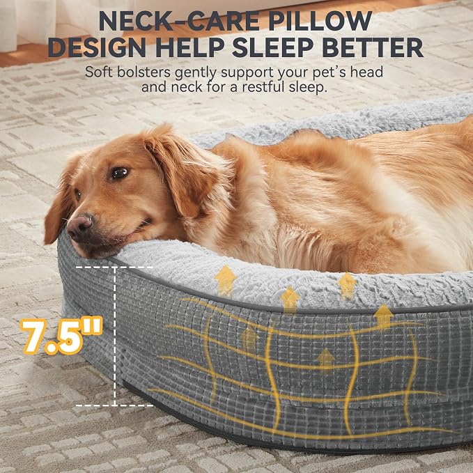 JOEJOY Orthopedic Dog Bed for Extra Large Dogs, XXL Egg-Crate Memory Foam Pet Bed with Bolster Sides, Waterproof Lining, Removable Washable Cover & Non-Slip Bottom, Light Grey - Image 4