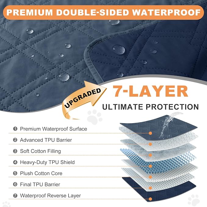 100% Waterproof Dog Bed Cover Pet Blanket(30"x71"),7-Layer Reversible Washable Sofa Couch for Furniture Car (Berlin Blue+Navy Blue) - Image 2