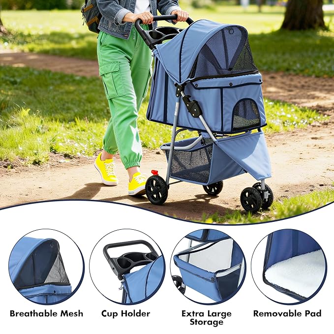 Sweetcrispy 3 Wheels Pet Stroller for Small Dogs and Cats – Foldable Dog Stroller with Mesh Windows, Storage Basket & Cup Holder, Lightweight & Durable Pet Carrier for Travel, Outdoor Use, Blue